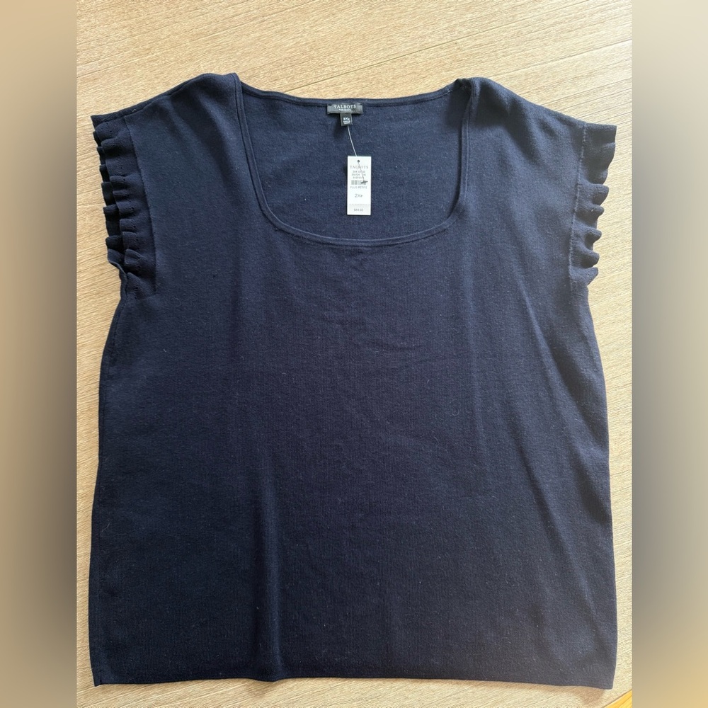 Talbots Navy Scoop Neck Tank with Ruffled Cap Sleeves